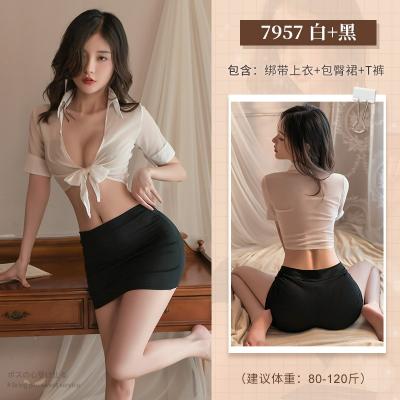 性感包臀秘书套装 绑带露腰衬衣 弹力短裙