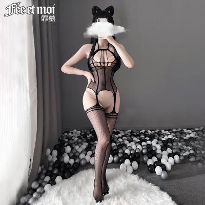 镂空露乳开裆免脱连身袜 魅惑吊袜 修身黑线