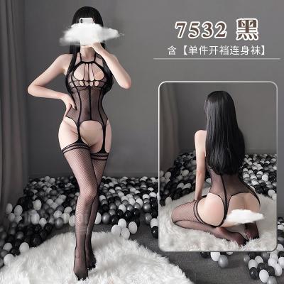 镂空露乳开裆免脱连身袜 魅惑吊袜 修身黑线