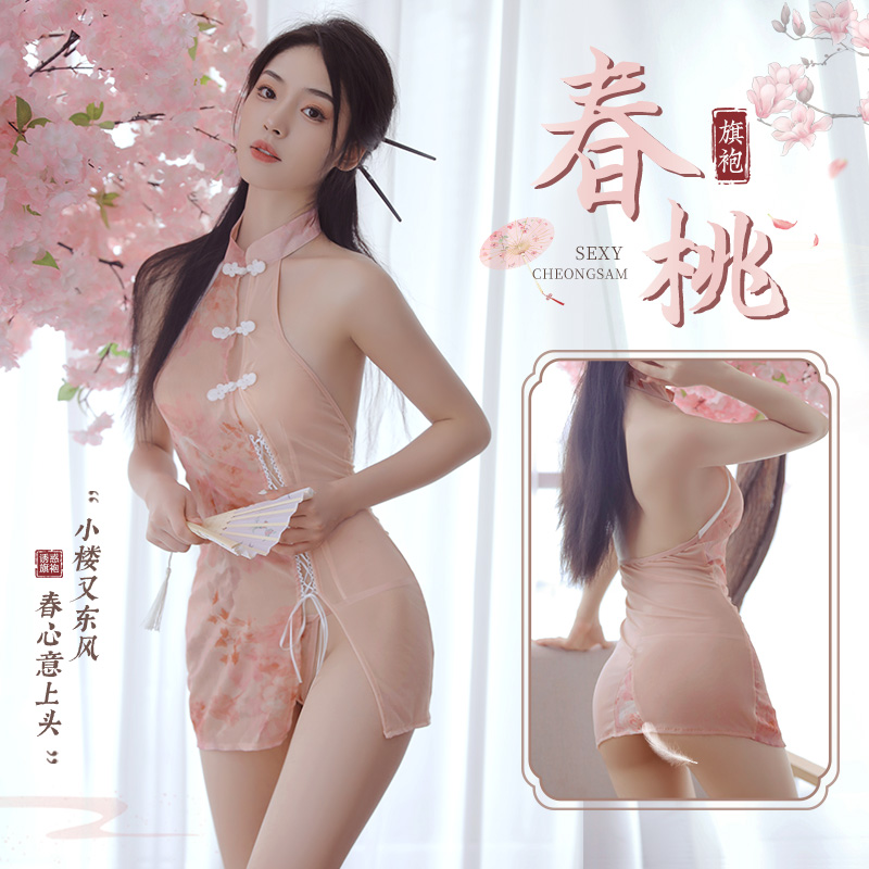 斜开襟唯美印花透纱旗袍 古风汉服 温柔风情