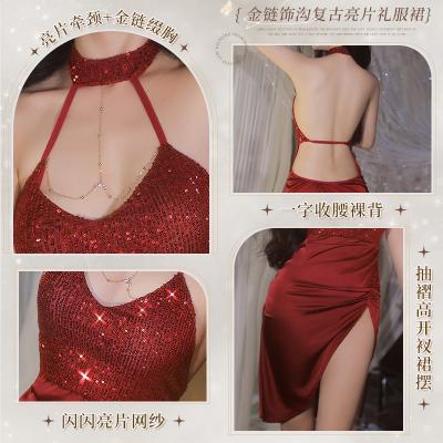 金链饰沟复古亮片礼服裙 炙热红玫瑰