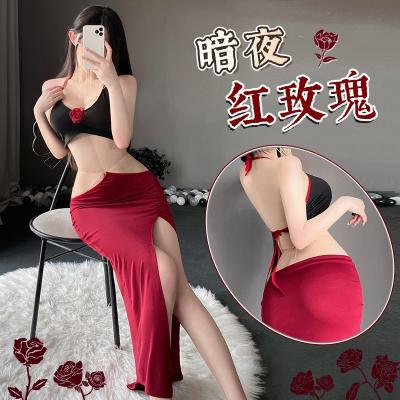 金链饰腰性感裸背玫瑰点胸套装 高开衩长裙