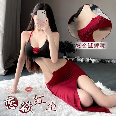 金链饰腰性感裸背玫瑰点胸套装 高开衩长裙