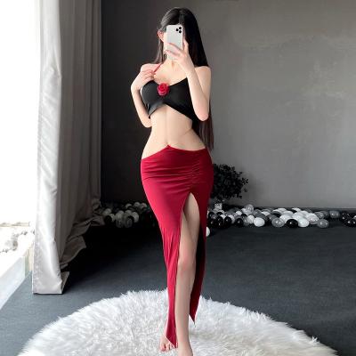 金链饰腰性感裸背玫瑰点胸套装 高开衩长裙