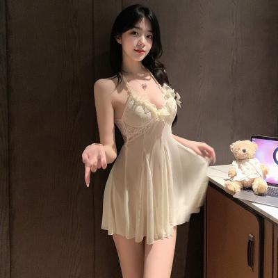 蕾丝奶芙钓系深V透视睡裙 亲肤柔纱 甜美花边