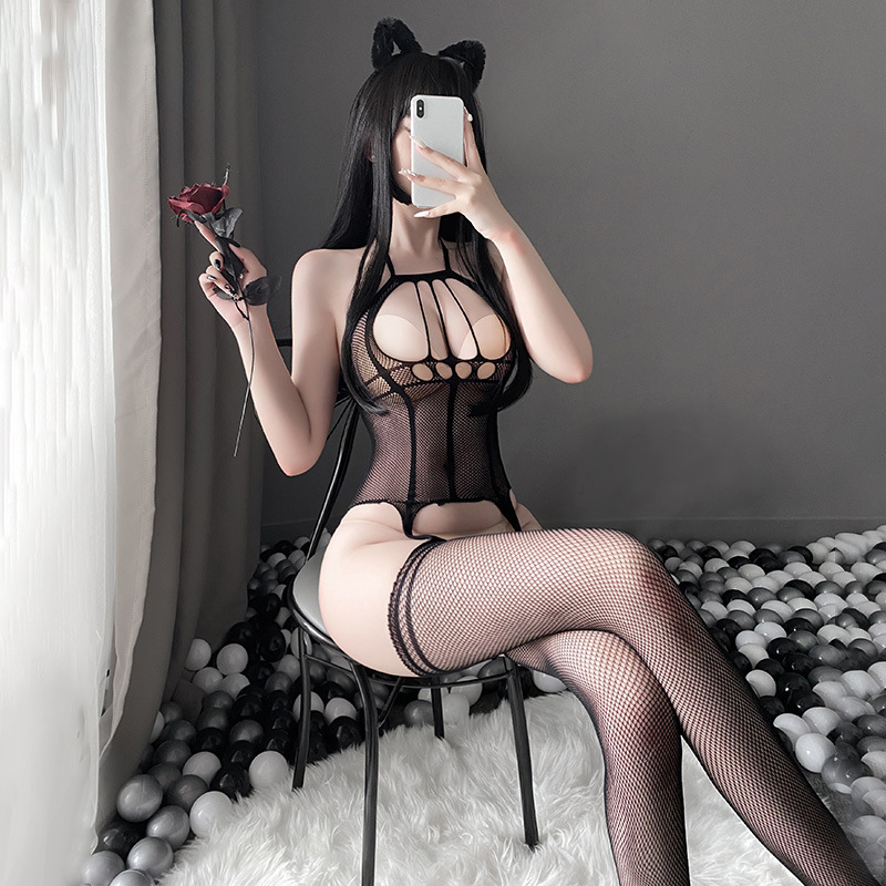 镂空露乳开裆免脱连身袜 魅惑吊袜 修身黑线