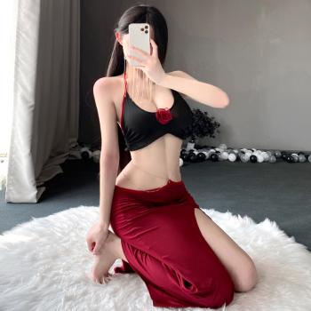 金链饰腰性感裸背玫瑰点胸套装 高开衩长裙 - 性感睡衣 - 霏慕 - MEIXX美羞羞